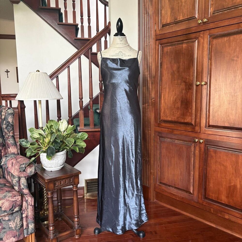Banana Republic Gown Dress Metallic Silver Green Cowl Neck Evening Elegant